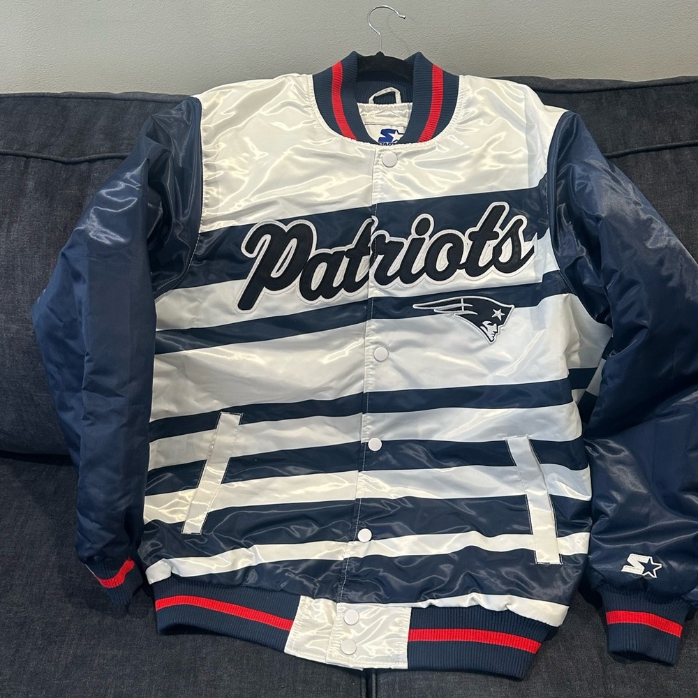 STARTER Patriots Navy and White Bomber Jacket